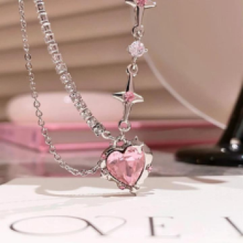 "Add Some Sparkle to Your Look with our Sweet Pink Heart Crystal Necklace"