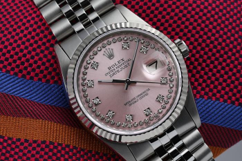 Rolex 36mm Datejust Pink Dial with Round Diamond Numbers Oyster Perpetual Watch in New York, New York